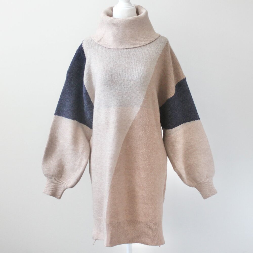 Blu Pepper Tan Grey Turtleneck Sweater Bell-Sleeve Oversized Midi Dress Small